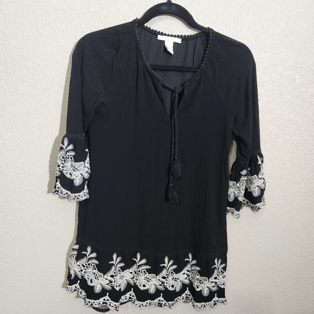 Forever 21 Dress Floral Embroidery Bell Sleeves Whimsigoth Medium Black White